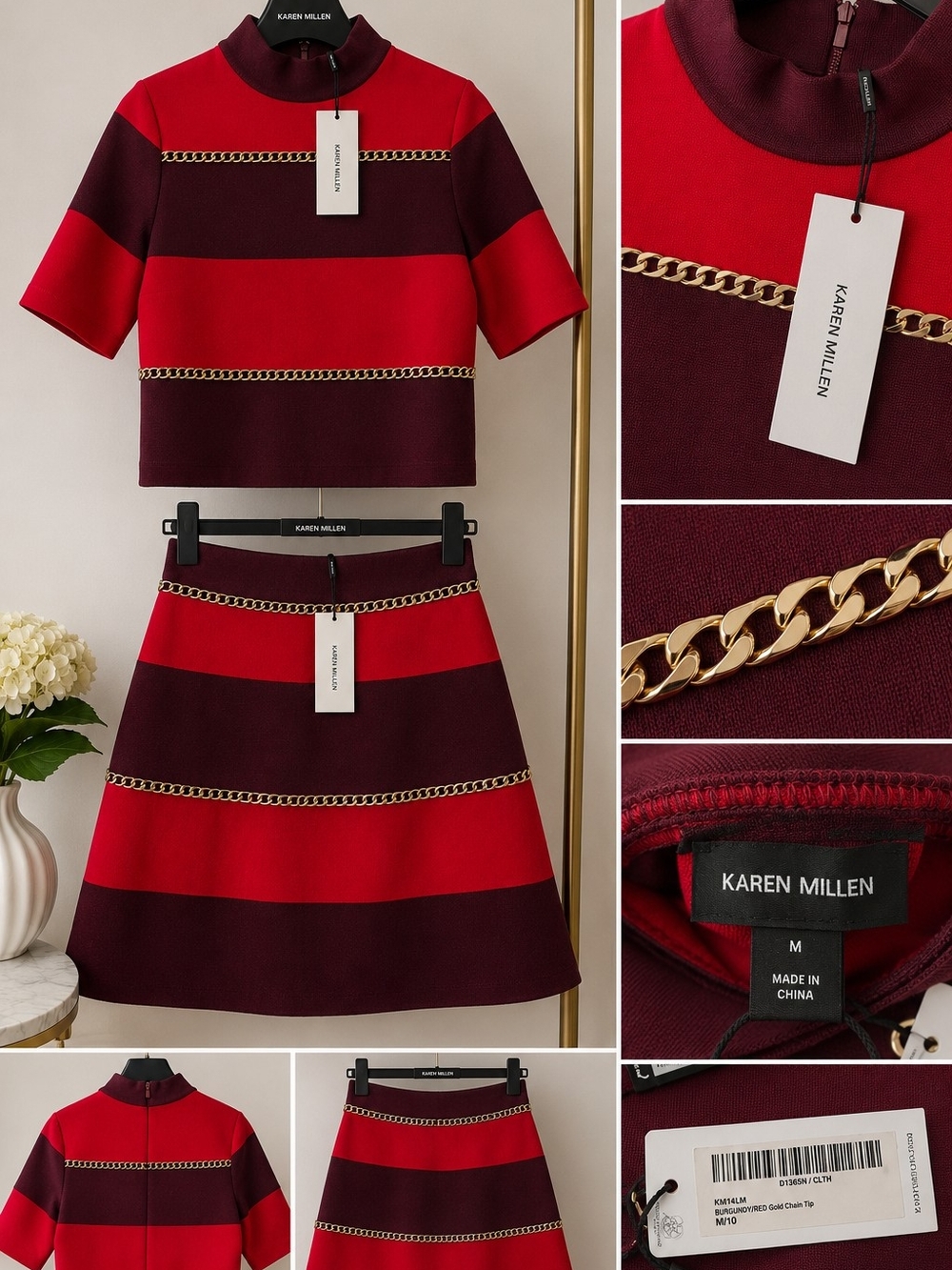 Karen Millen Red and Burgundy Striped A-Line Skirt with Gold Chain Trim